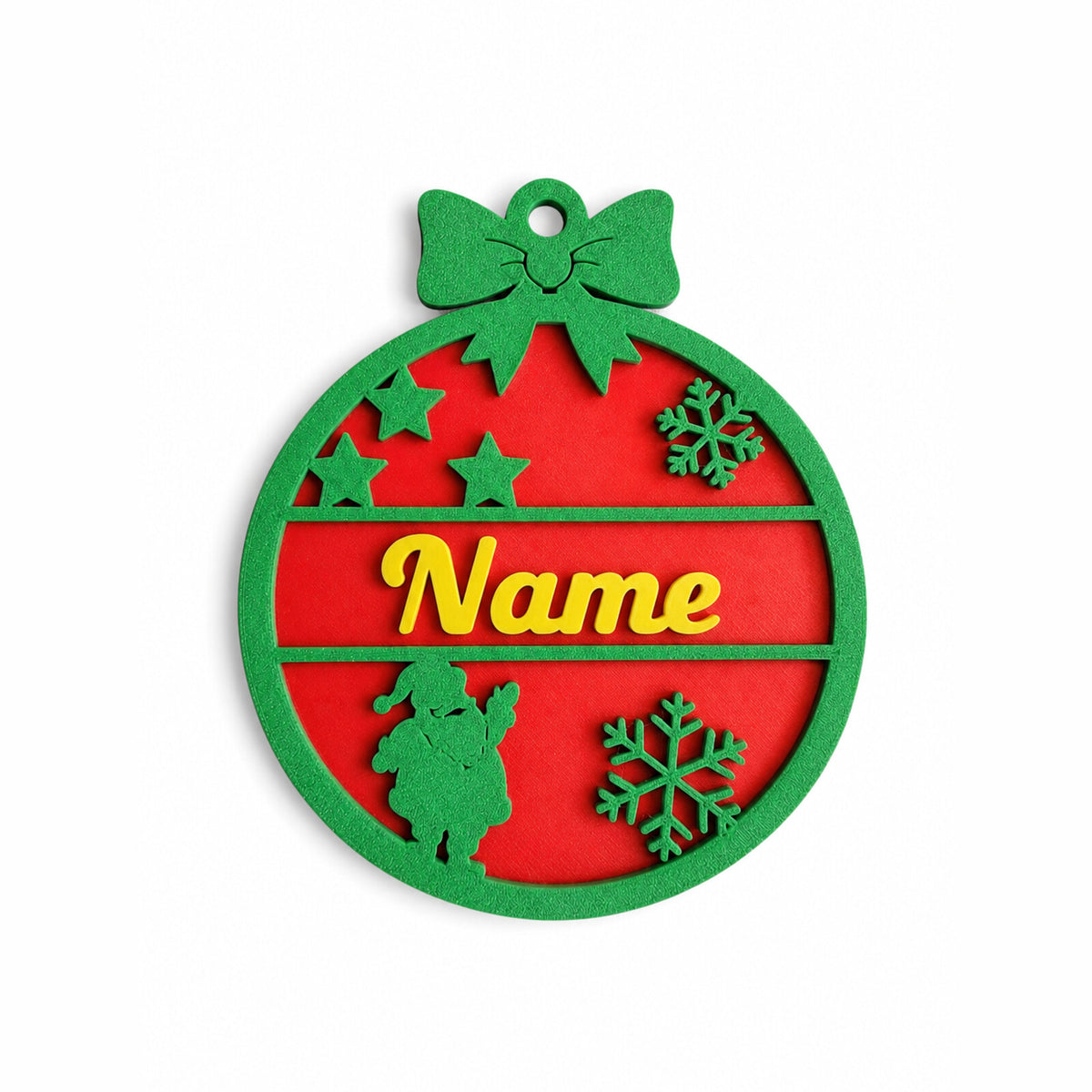 Personalised name Christmas bauble, green frame with red background
