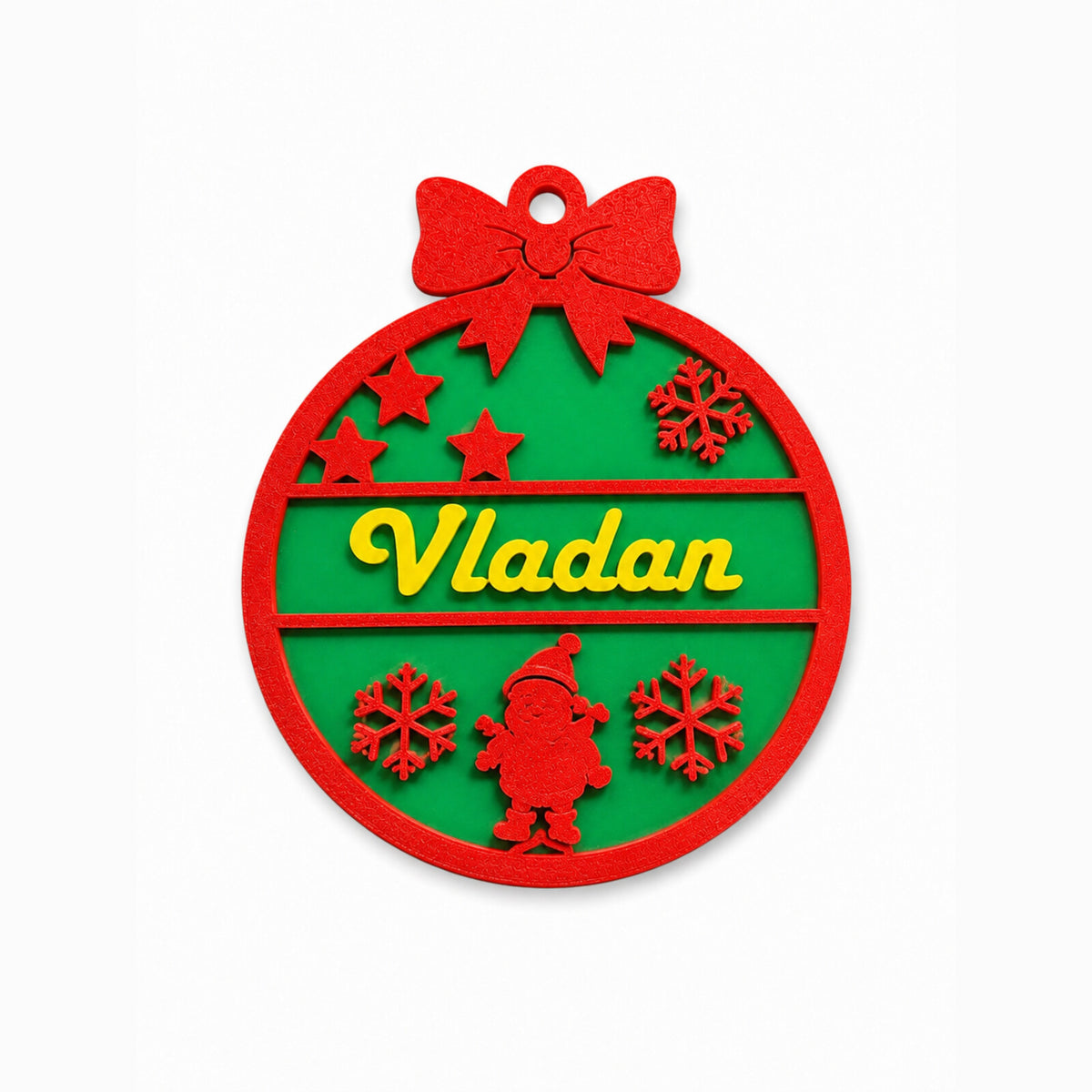 Red and green personalised Christmas bauble example with a name