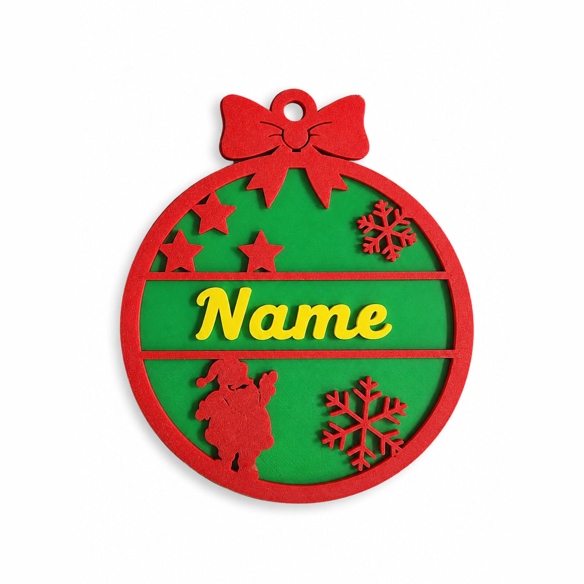 Personalised name Christmas bauble, red frame with green background