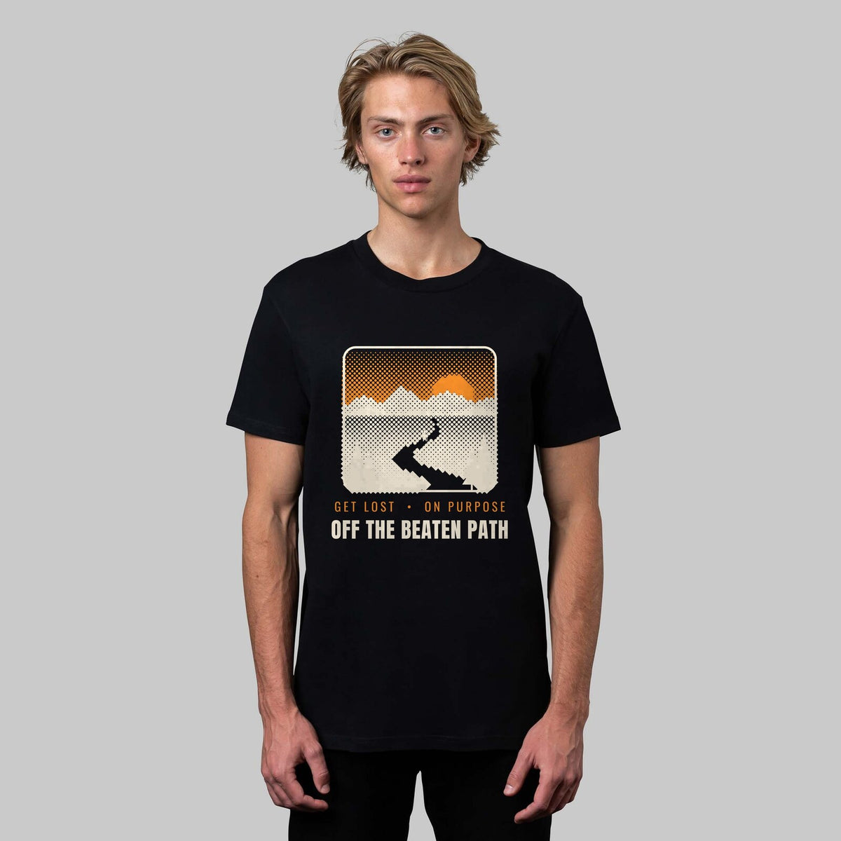 Off the Beaten Path hiking t-shirt in black, front view