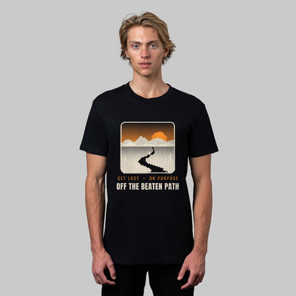 Off the Beaten Path hiking t-shirt in black, front view