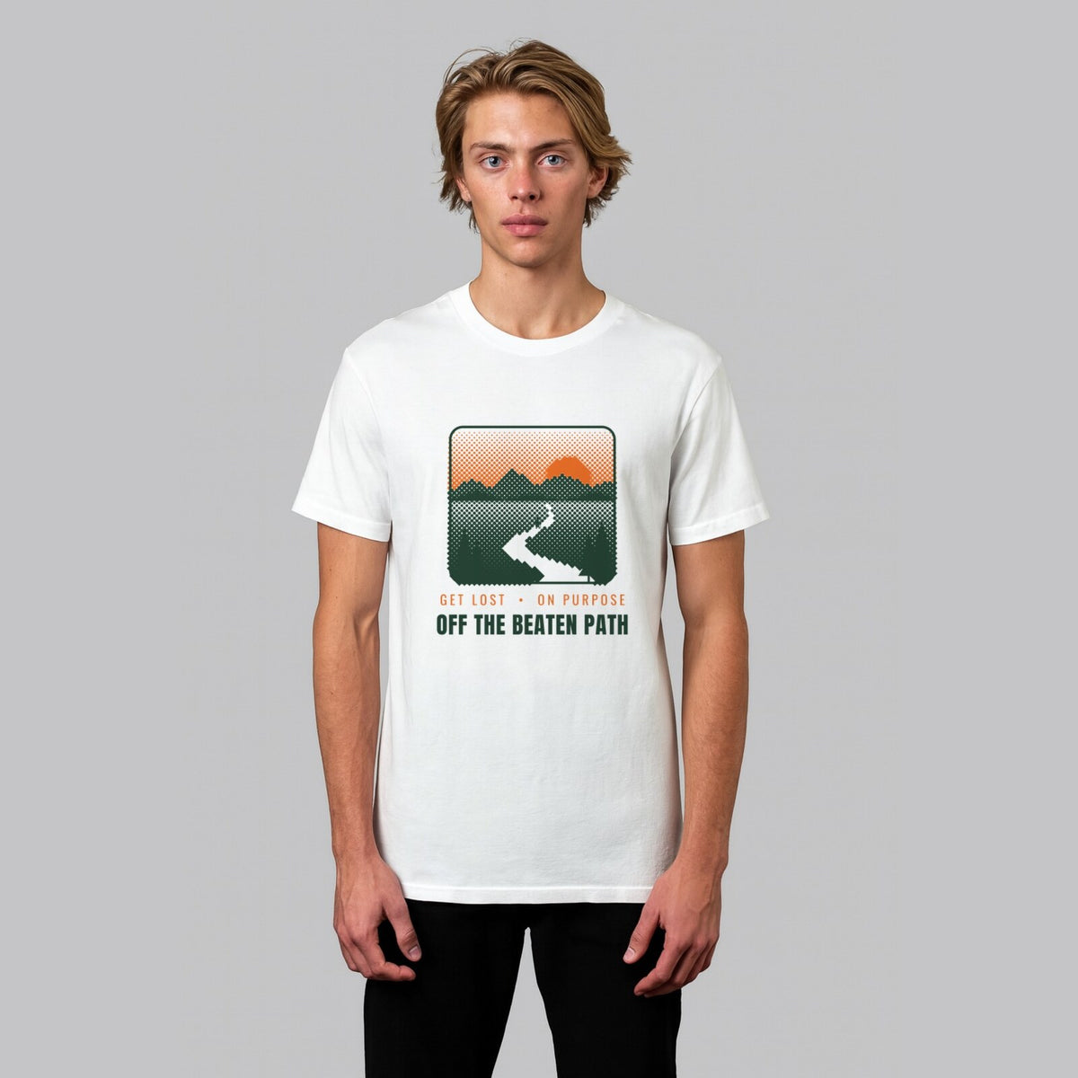 Off the Beaten Path hiking t-shirt in white, front view