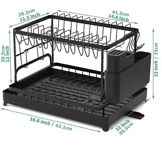 2-Tier Dish Drying Rack with 360° Rotating Drainer Board, Large Capacity Dish Drainer with Cutlery Utensil Rack & Holders for Kitchen Storage & Organisation