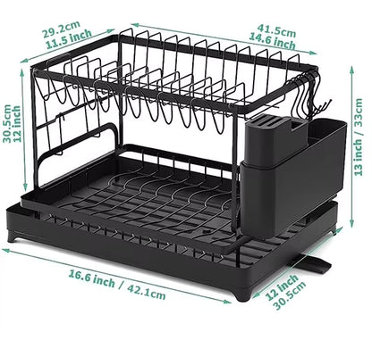 2-Tier Dish Drying Rack with 360° Rotating Drainer Board, Large Capacity Dish Drainer with Cutlery Utensil Rack & Holders for Kitchen Storage & Organisation