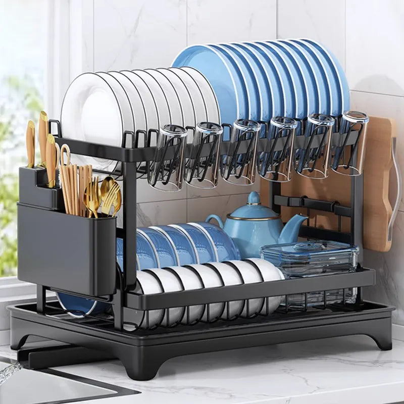 2-Tier Dish Drying Rack with 360° Rotating Drainer Board, Large Capacity Dish Drainer with Cutlery Utensil Rack & Holders for Kitchen Storage & Organisation
