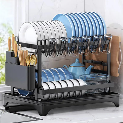 2-Tier Dish Drying Rack with 360° Rotating Drainer Board, Large Capacity Dish Drainer with Cutlery Utensil Rack & Holders for Kitchen Storage & Organisation