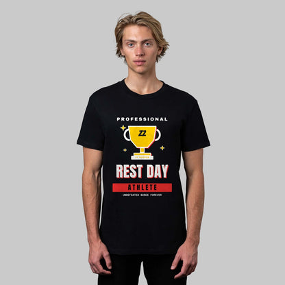 Professional Rest Day Athlete funny gym t-shirt in black, front view