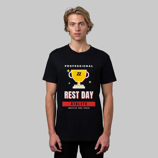 Professional Rest Day Athlete funny gym t-shirt in black, front view