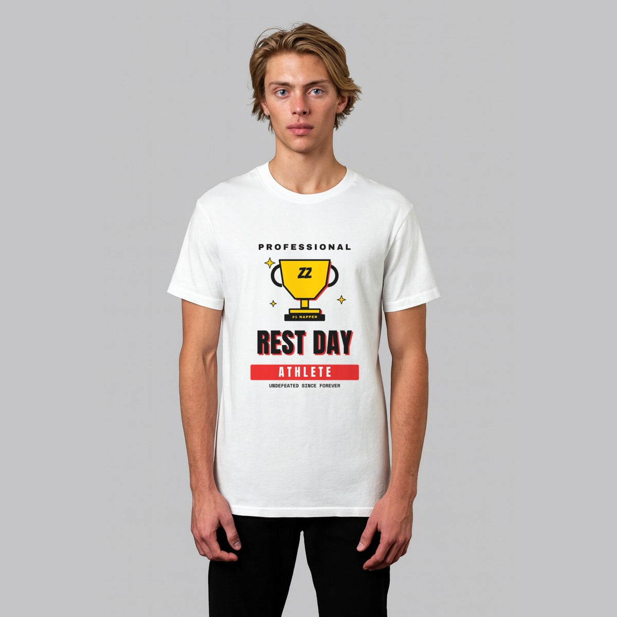 Professional Rest Day Athlete funny gym t-shirt in white, front view