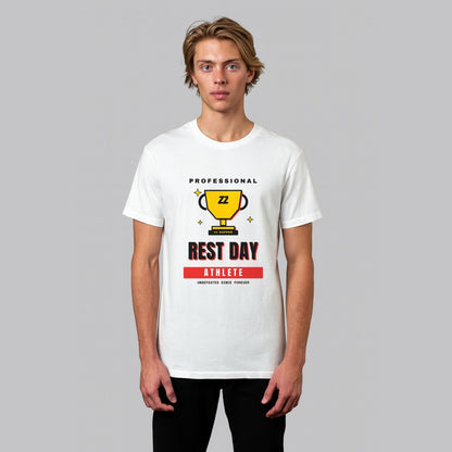 Professional Rest Day Athlete funny gym t-shirt in white, front view