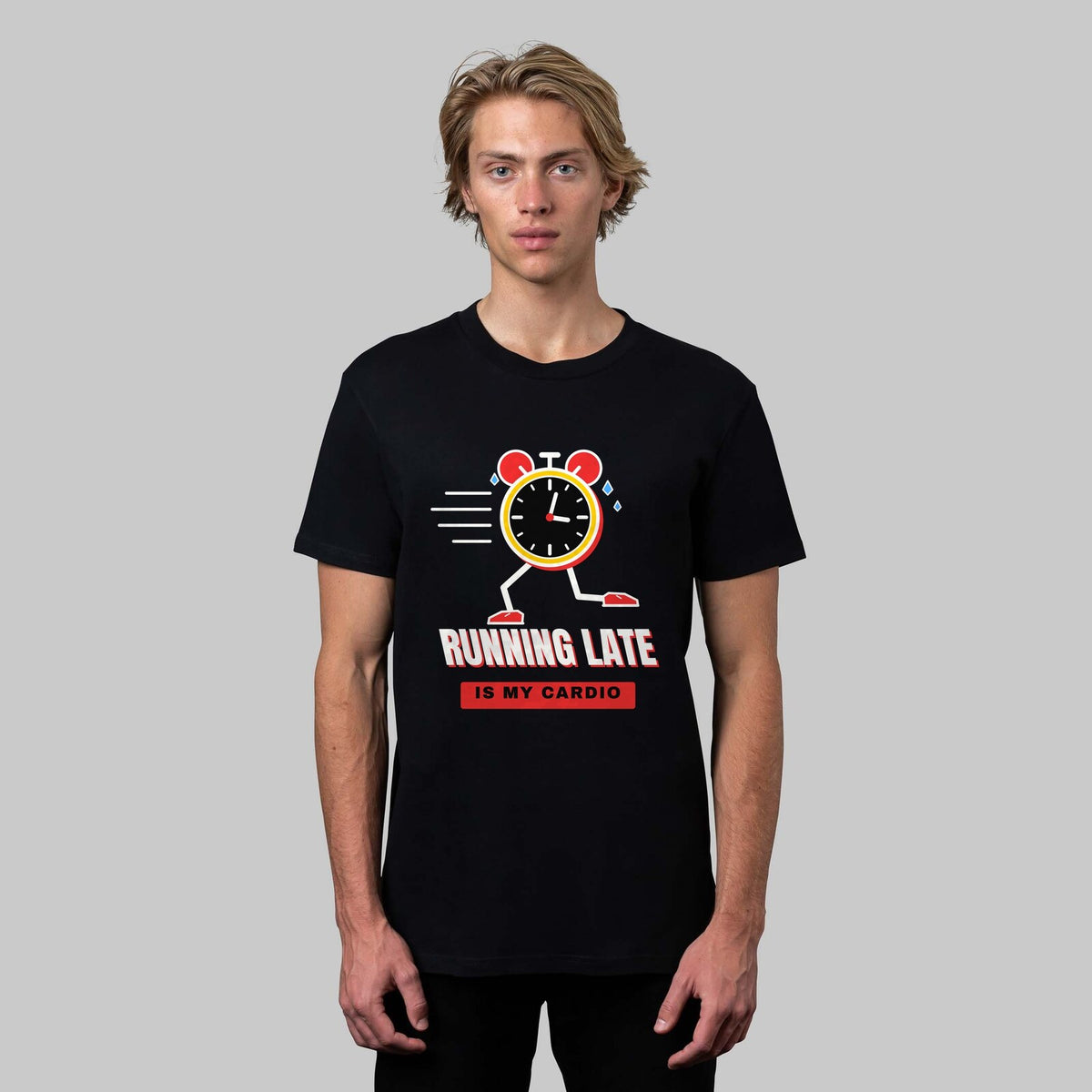 Running Late Is My Cardio funny gym t-shirt in black, front view