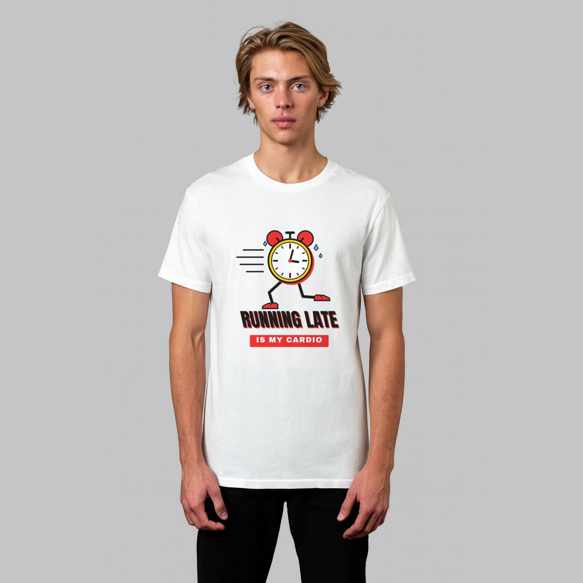Running Late Is My Cardio funny gym t-shirt in white, front view