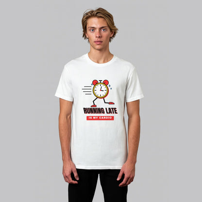 Running Late Is My Cardio funny gym t-shirt in white, front view