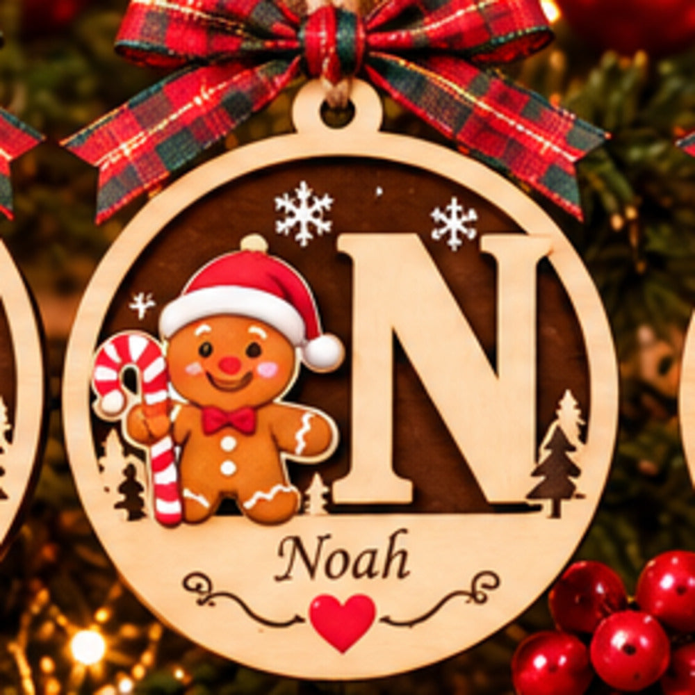 Personalised wooden initial Christmas ornament with Gingerbread and name