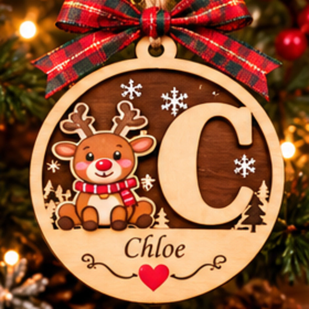 Personalised wooden initial Christmas ornament with Reindeer and name