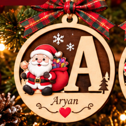 Personalised wooden initial Christmas ornament with Santa and name