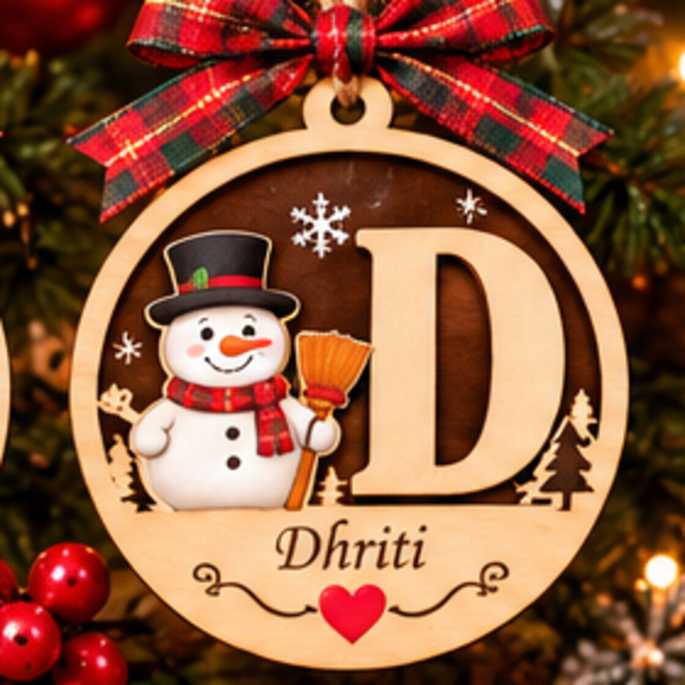 Personalised wooden initial Christmas ornament with Snowman and name