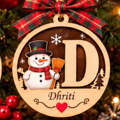 Personalised wooden initial Christmas ornament with Snowman and name