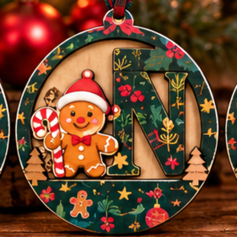 Forest green pattern wooden initial Christmas ornament with Gingerbread