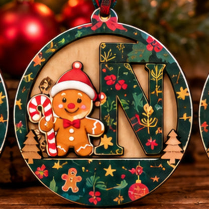Forest green pattern wooden initial Christmas ornament with Gingerbread