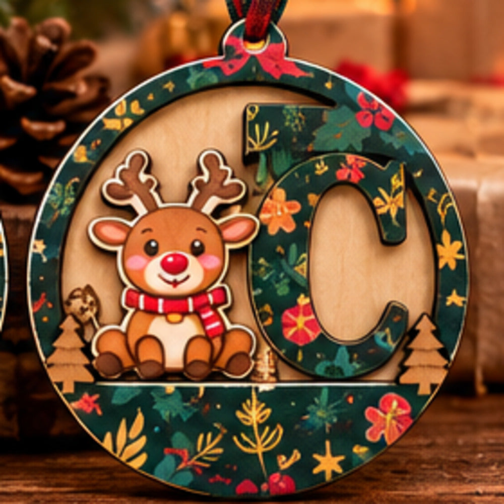 Forest green pattern wooden initial Christmas ornament with Reindeer