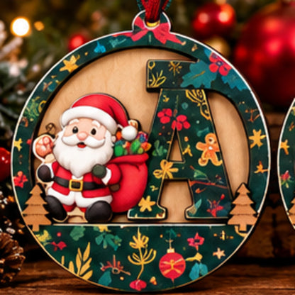 Forest green pattern wooden initial Christmas ornament with Santa