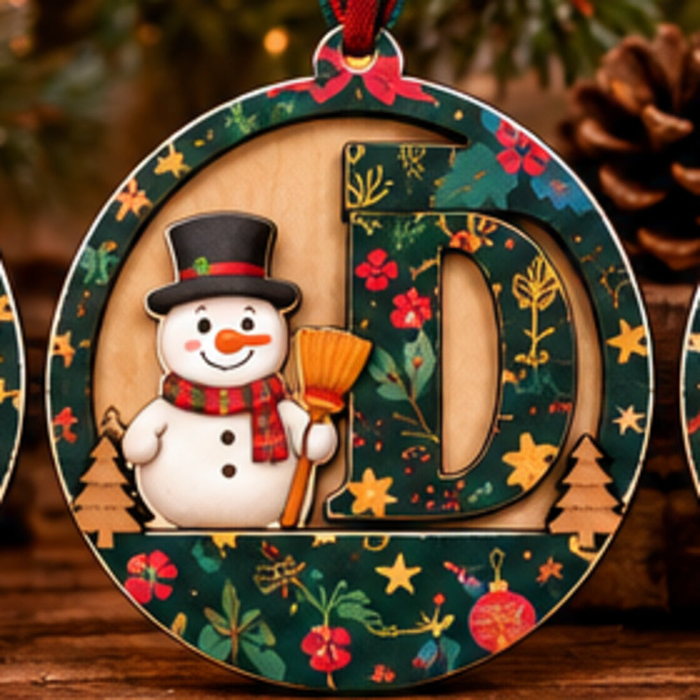 Forest green pattern wooden initial Christmas ornament with Snowman