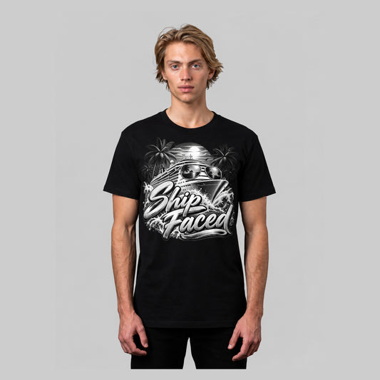 Ship Faced funny cruise t-shirt in black, front view